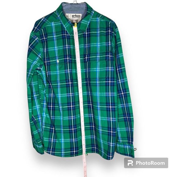 Urban Pipeline Shirt Mens Medium M Green Blue Plaid Button Up Casual - Picture 3 of 8